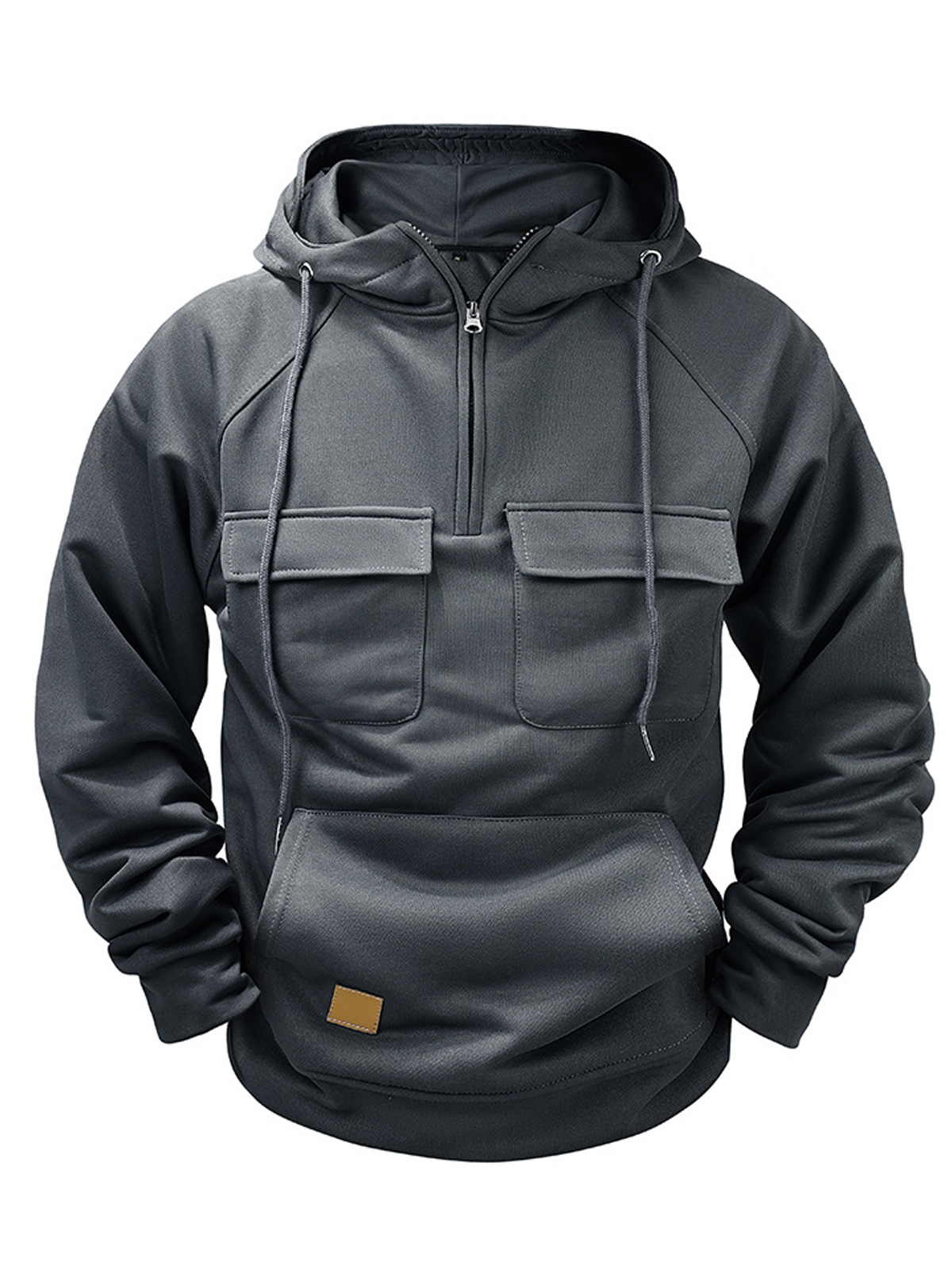 Men's Casual Hooded Zippered Double Pocket Solid Color Sweatshirt