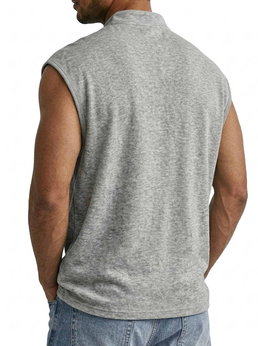 Men's Casual Stand Collar Button Deconstructed Design Solid Color Sleeveless Vest
