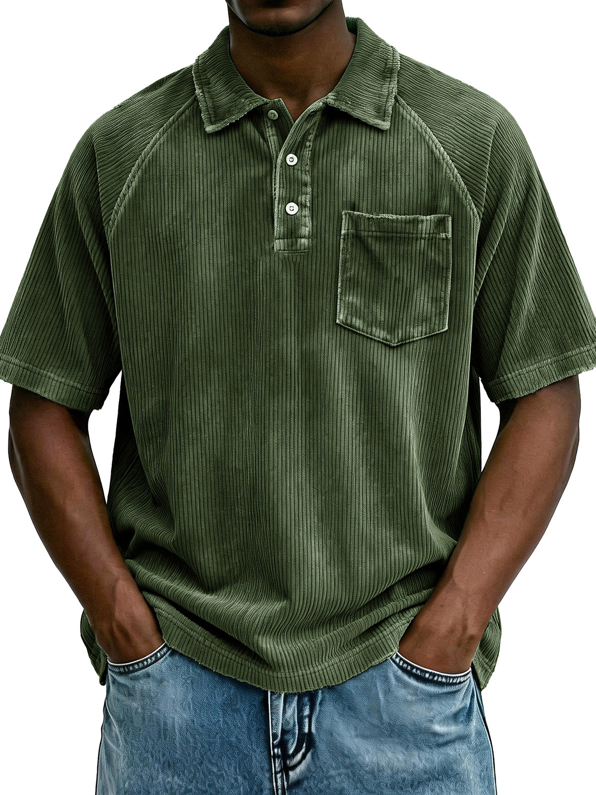 Men's Retro Raglan Pocket Zipper Loose Short-Sleeve Polo Shirt