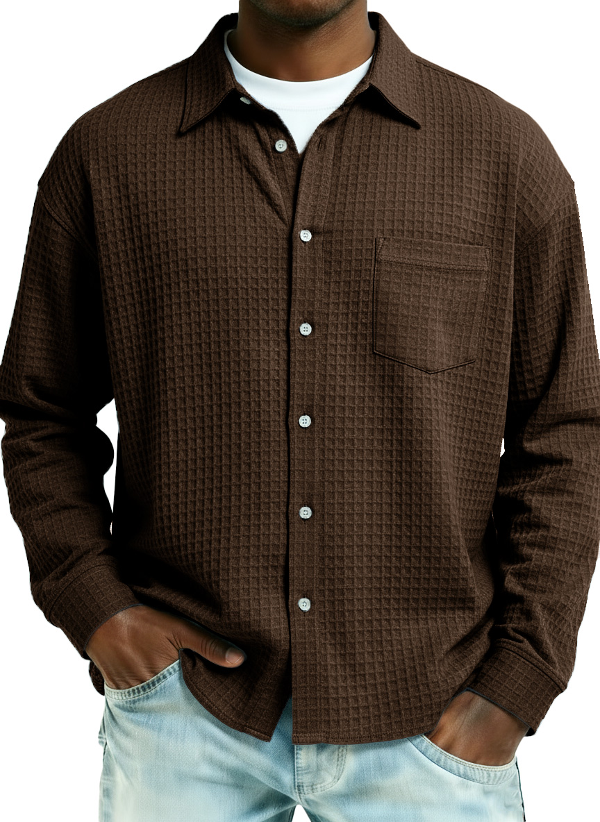 Men's Fashionable Retro Large Waffle Fabric Pocket Long-Sleeved Collared Shirt