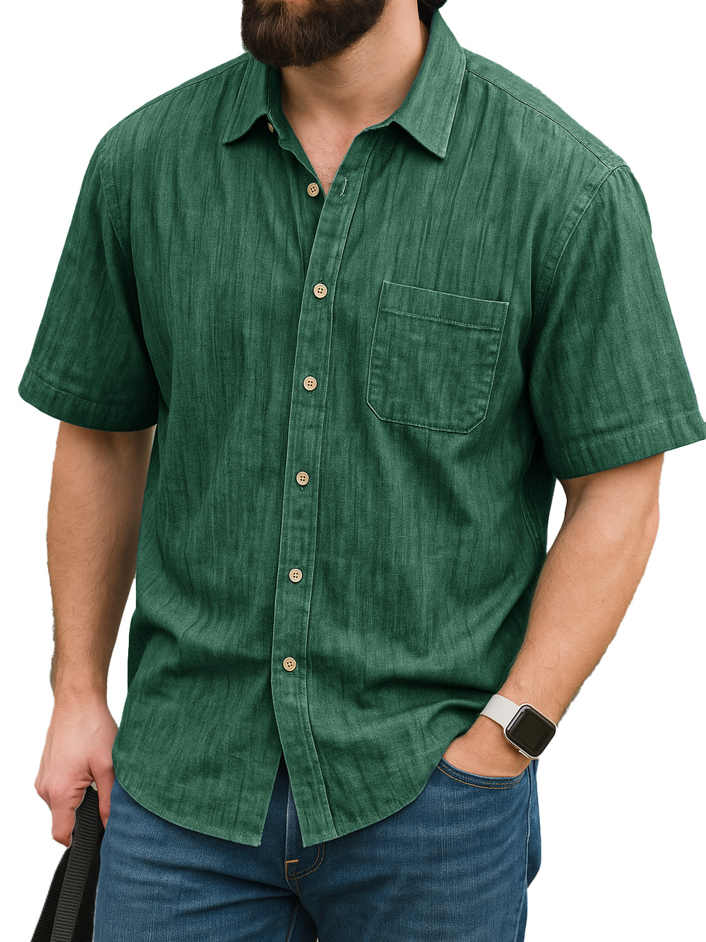 Men's Fashion Daily Linen Fabric Pocket Short-sleeved Lapel Shirt
