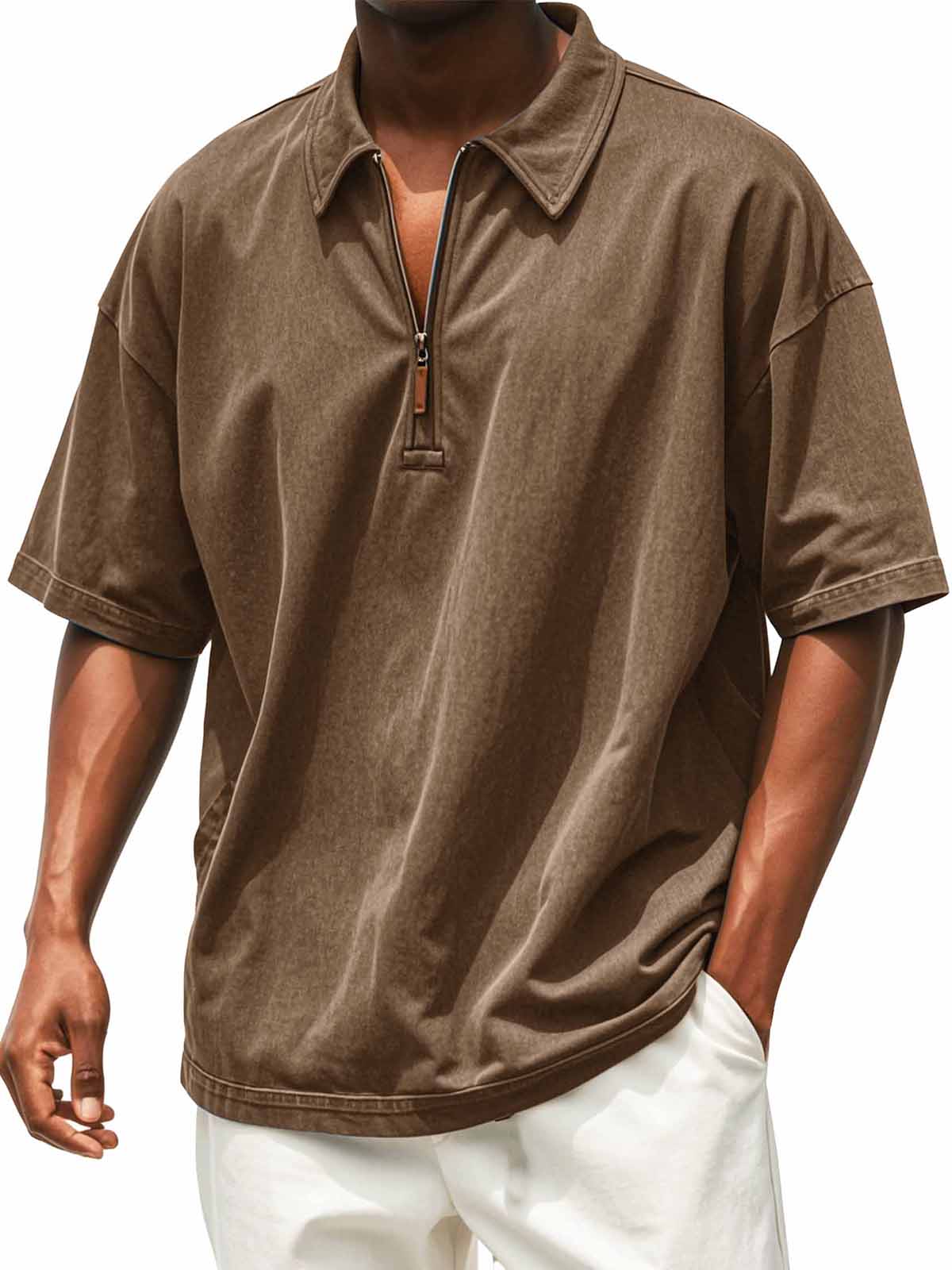 Men's Retro Distressed Zip Short Sleeve Polo Shirt