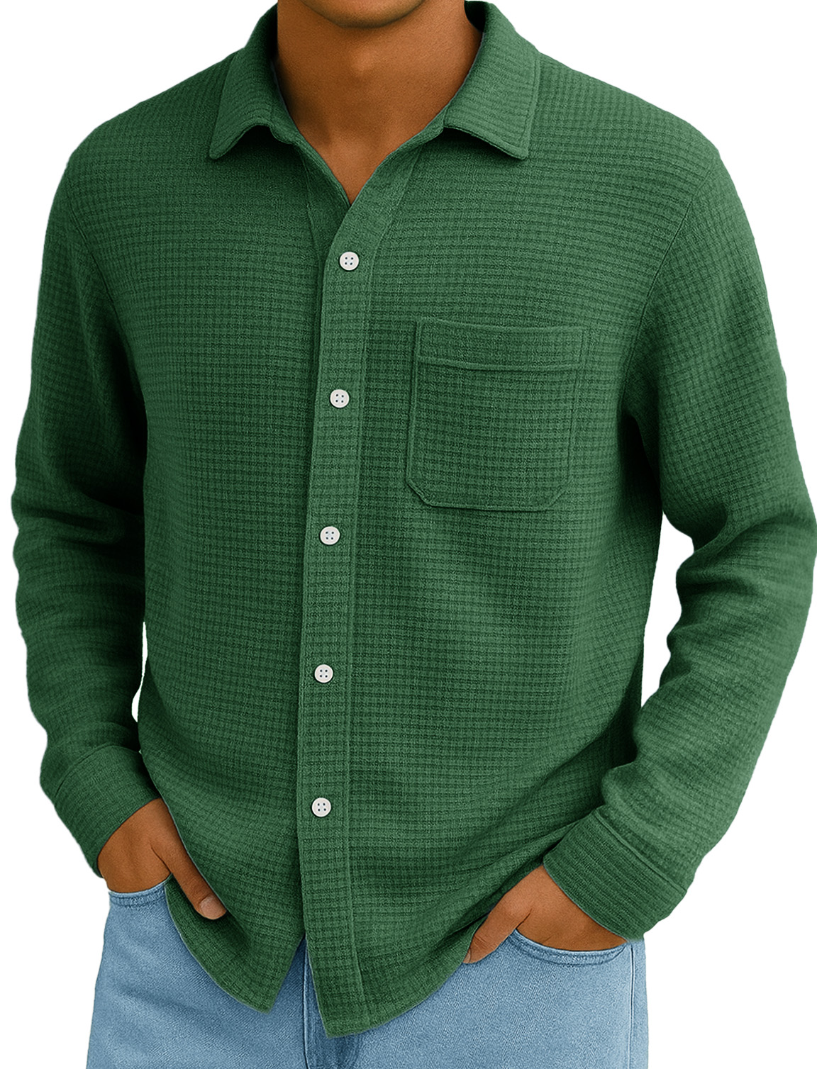 Men's Stylish Everyday Casual Waffle Fabric Pocket Lapel Long-sleeved Shirt