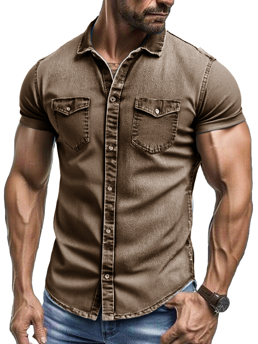 Men's Fashion Retro Workwear Outdoor Double Pocket Lapel Short-sleeved Shirt