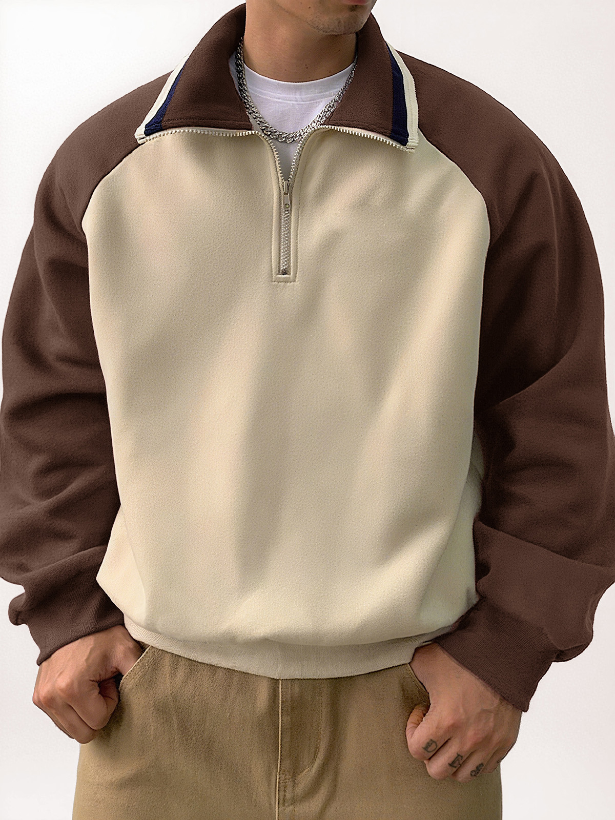 Men's Stylish Retro Patchwork Zippered Loose-fitting Long-sleeved Sweatshirt