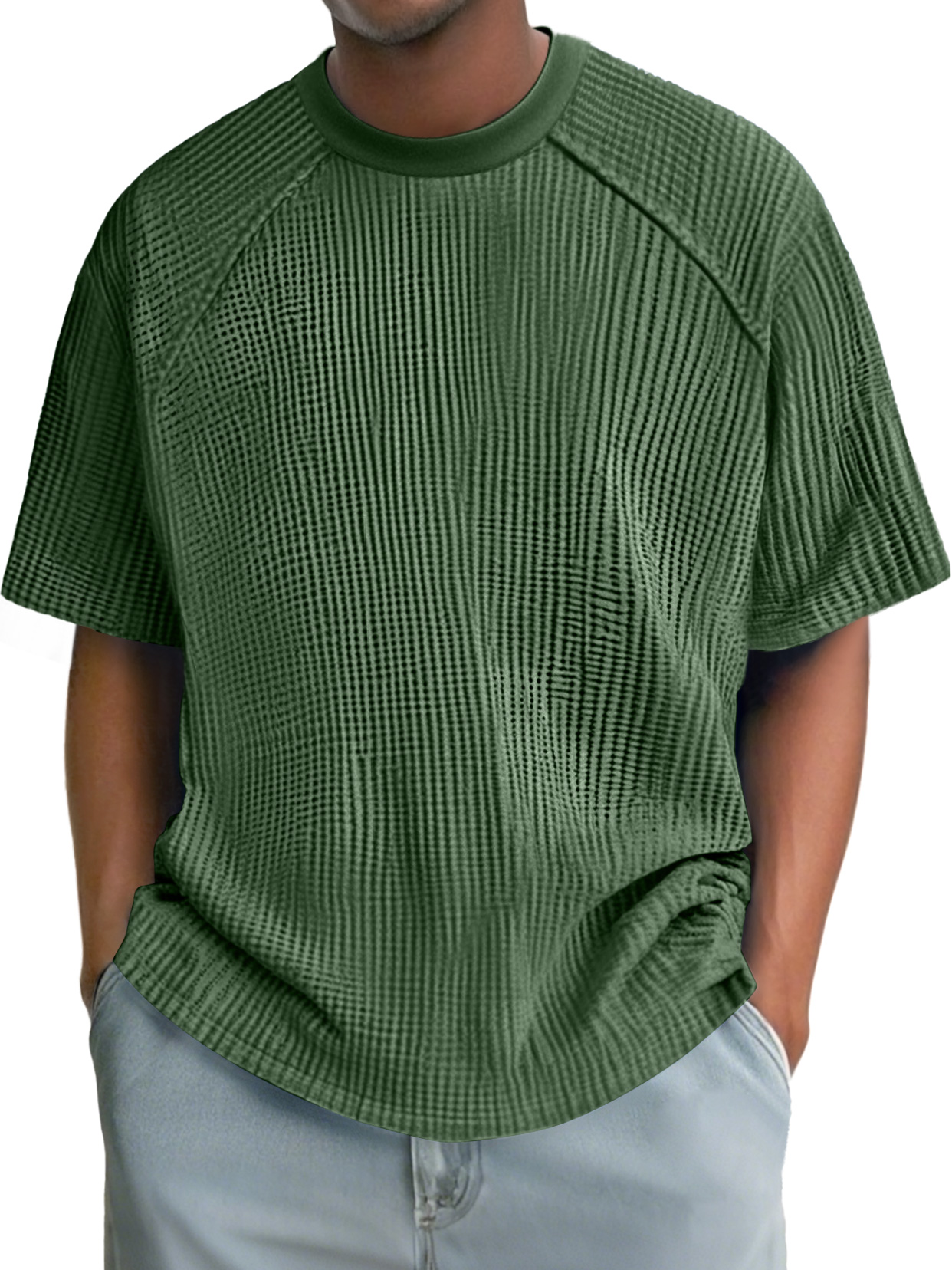 Men's Fashion Waffle Raglan Round Neck Comfortable Short Sleeve T-Shirt