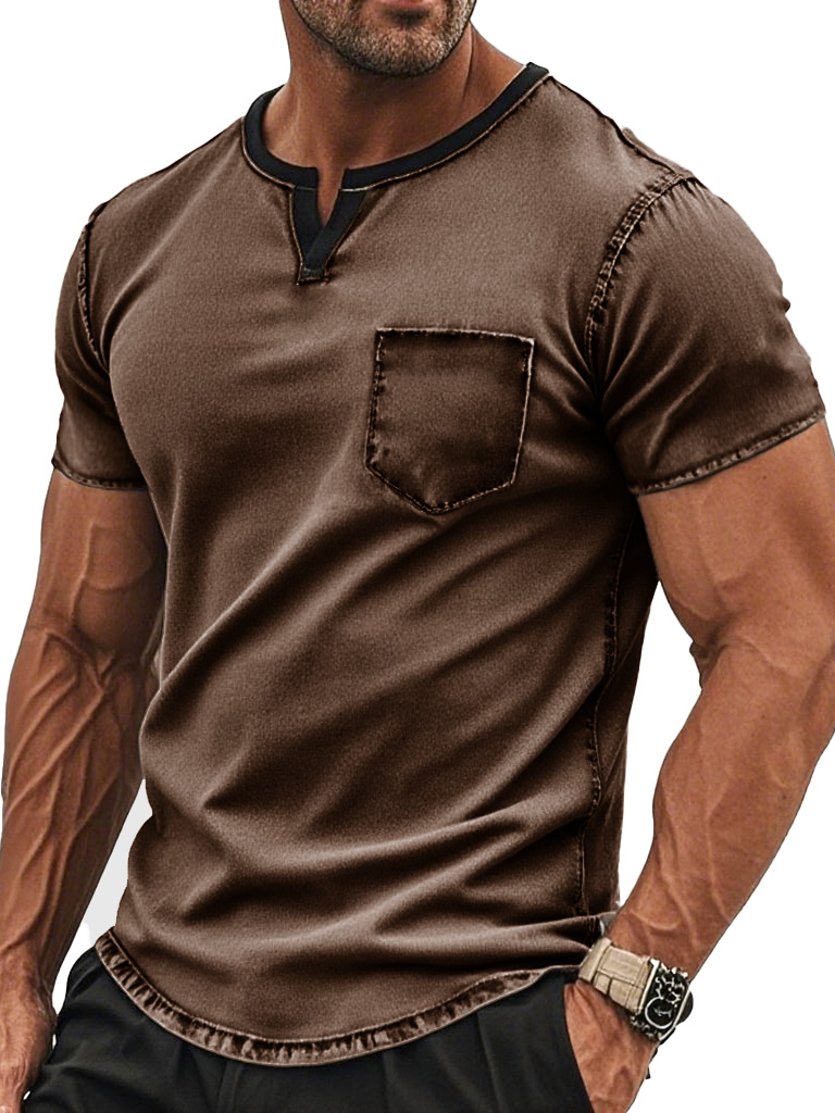 Men's Fashion Retro Pocket V-neck Pocket Short-sleeved T-shirt