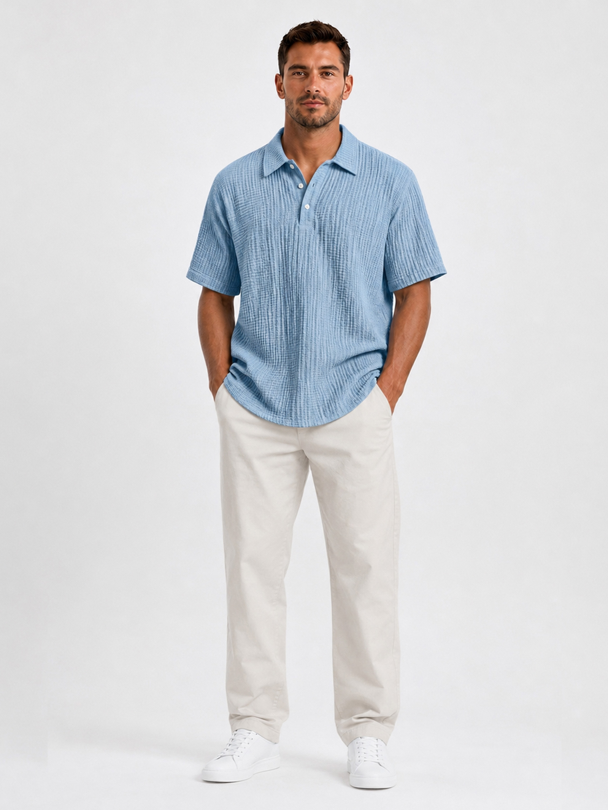 Men's Casual Short-Sleeve Polo Shirt with Pleated Collar and Button Placket