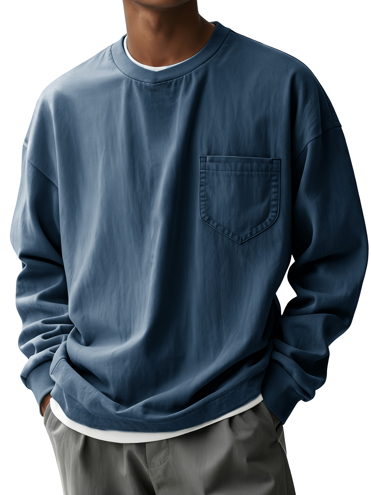 Men's Fashion Casual Pleated Fabric Round-neck Pocket Long-sleeve Top