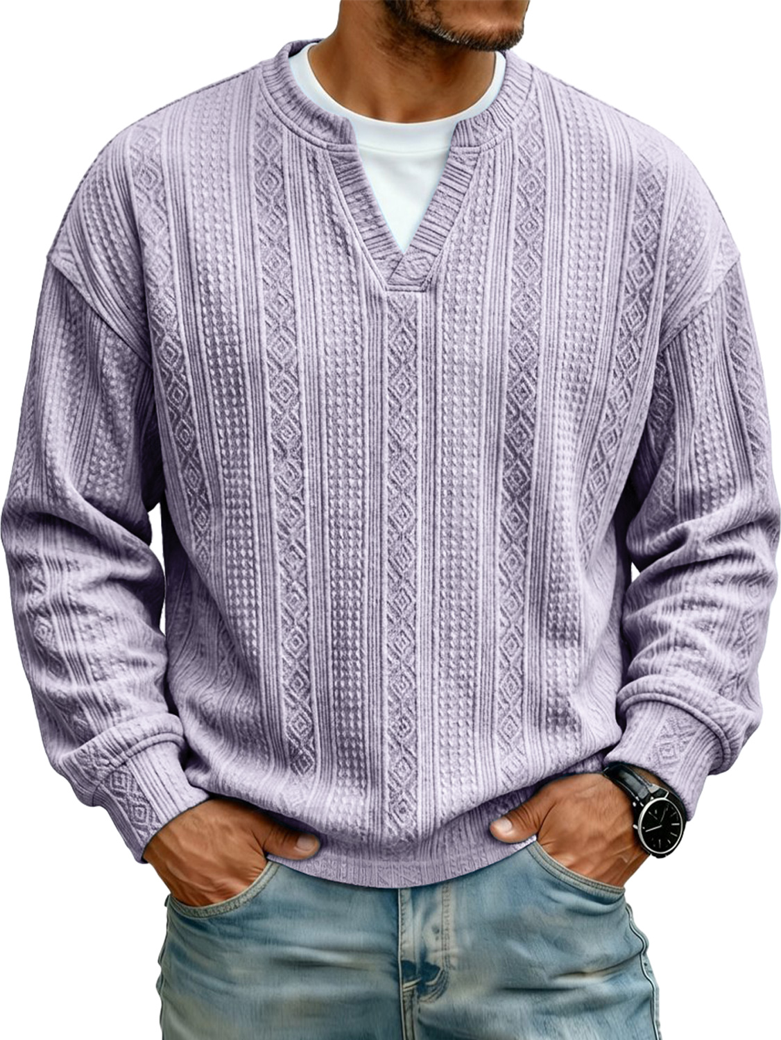 Men's Jacquard Faux Two-piece Casual Long-sleeved T-shi