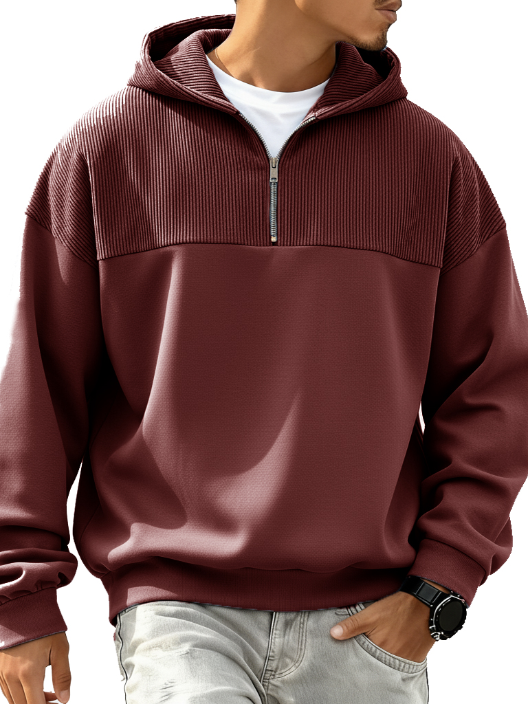 Men's Fashion Casual Patchwork Ribbed Fabric Long-Sleeve Hooded Zipper Top