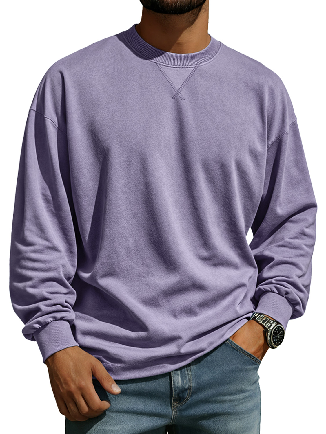 Men's Comfortable Crew Neck Long-sleeved T-shirt With A Crossover Design