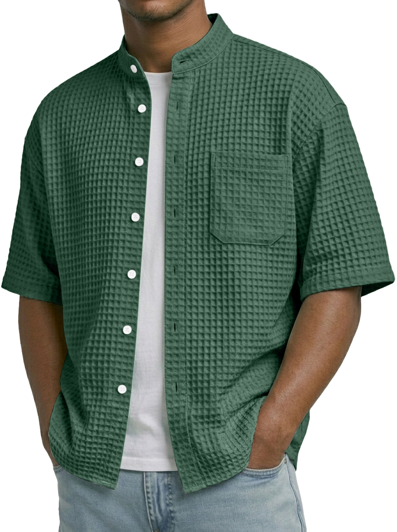 Men's Waffle Collar Stand Collar Pocket Casual Short-Sleeve Shirt