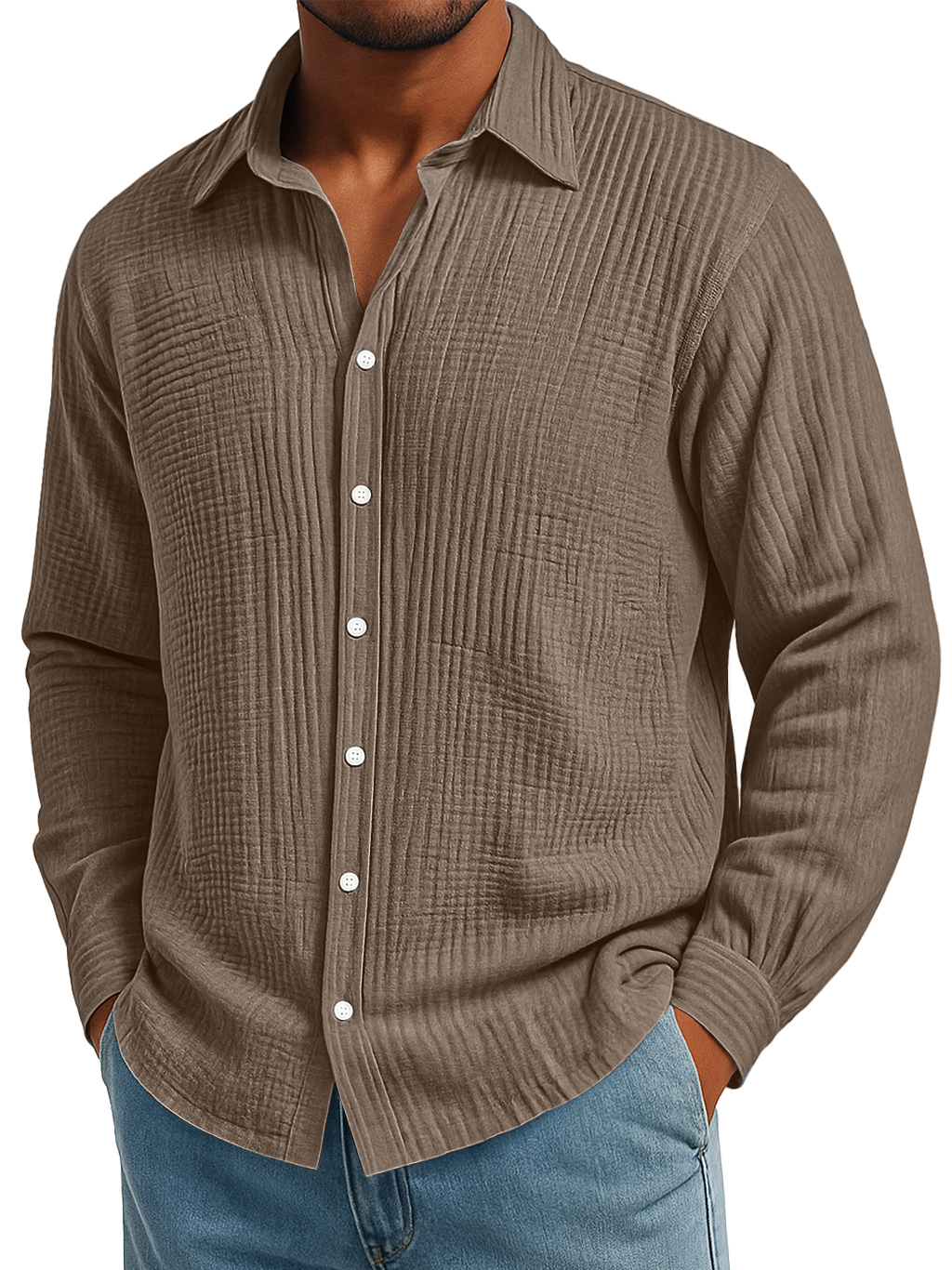 Men's Daily Pleated Texture Loose Casual Solid Color Long-sleeved Shirt