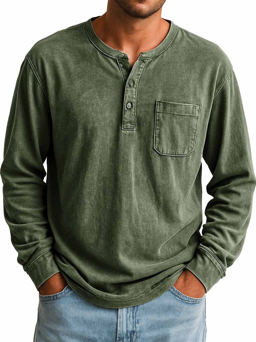 Men's Stylish Retro Outdoor Distressed Pocket Stand Collar Long-sleeved Henley Shirt
