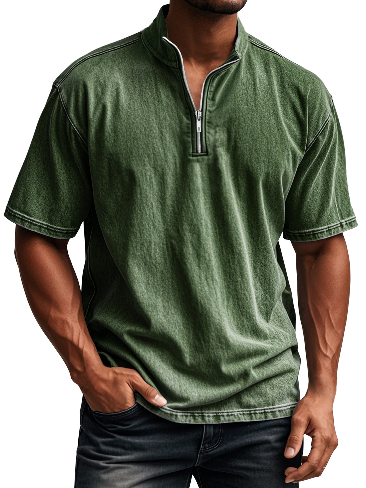 Men's Retro Everyday Stand Collar Quarter Zip Casual Short Sleeve T-Shirt