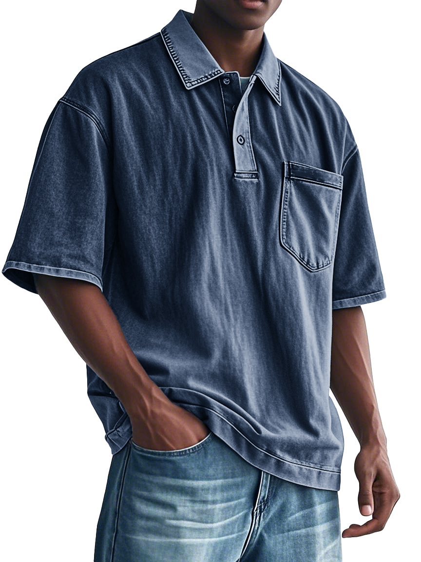Men's Fashion Retro Distressed Lapel Pocket Polo Shirt