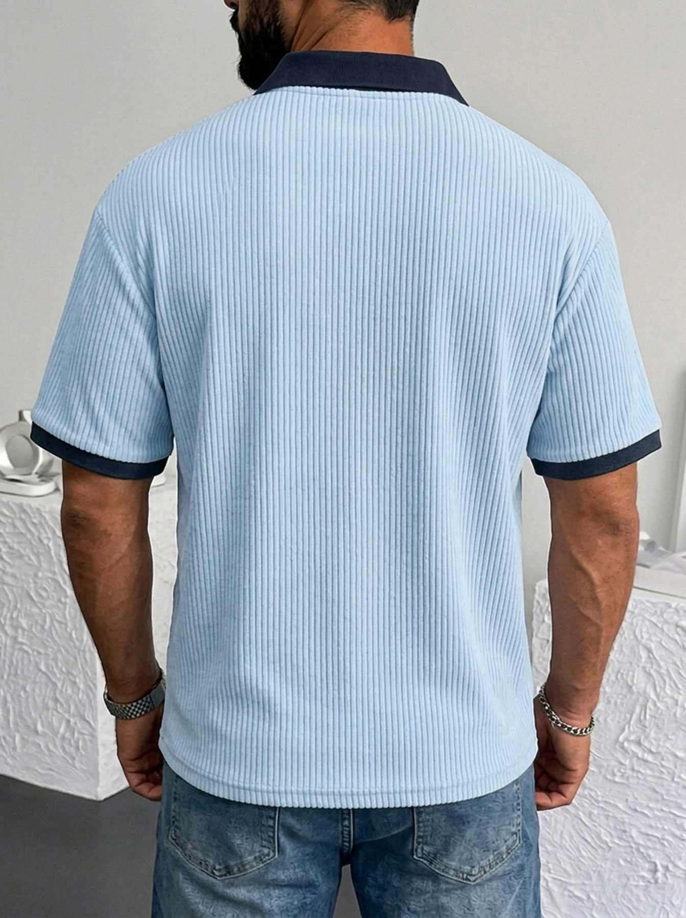 Men's Simple Ribbed Color Block Casual Short-Sleeve Polo Shirt