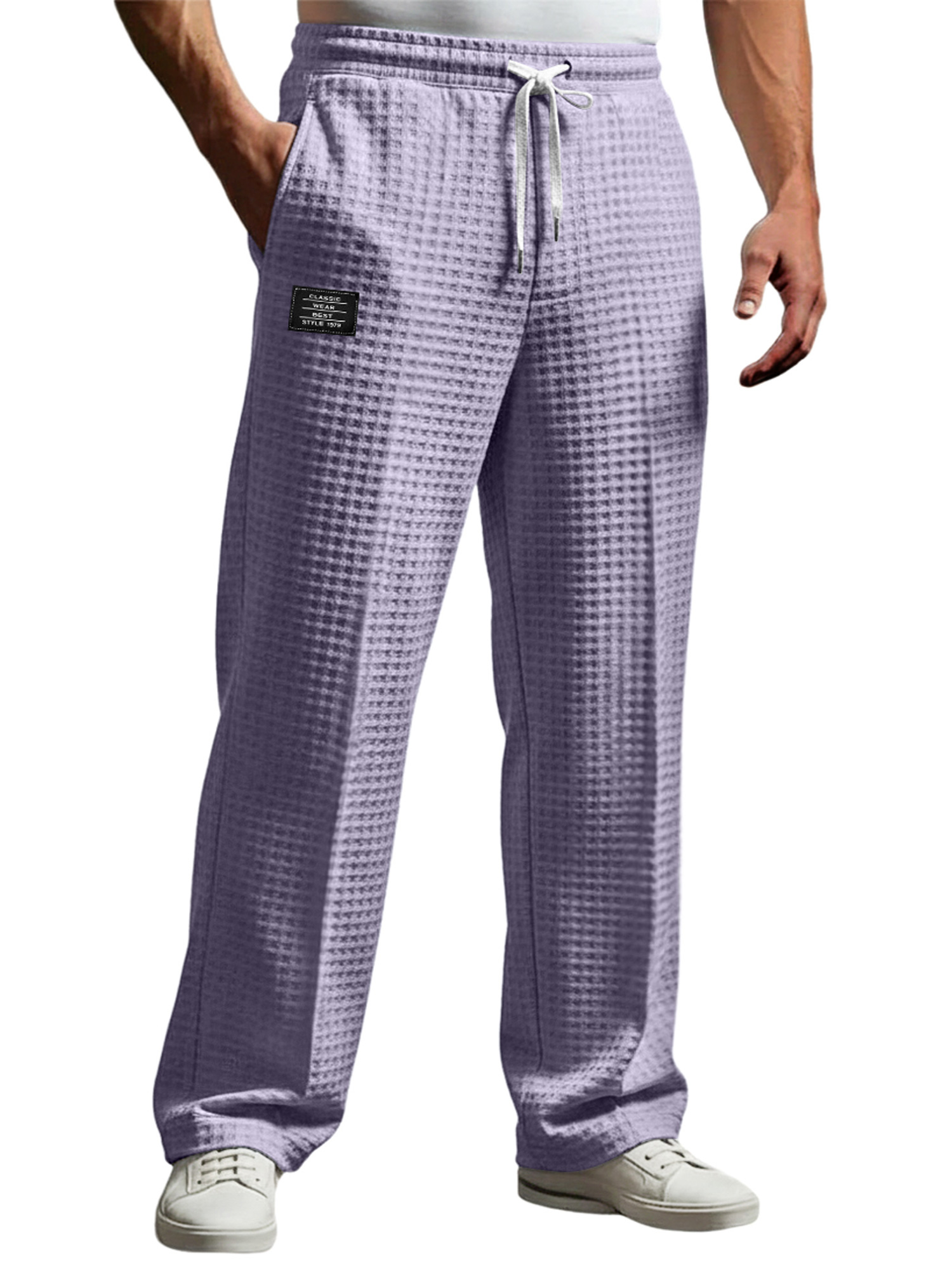 Men's Waffle Embroidered Logo Casual Loose Trousers