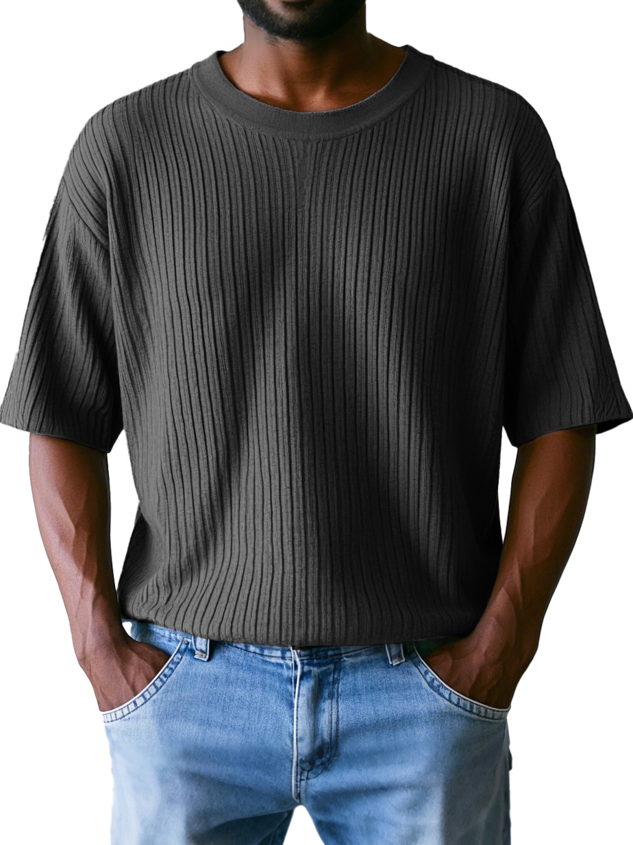 Men's Fashion Casual Ribbed Fabric Short-sleeved Round Neck T-shirt
