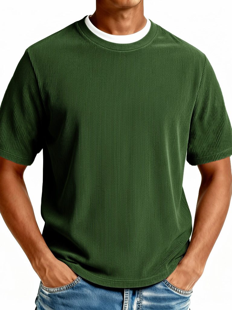 Men's Fashionable Casual Ribbed Fabric Faux Two-Piece Short-Sleeve Crew Neck T-Shirt
