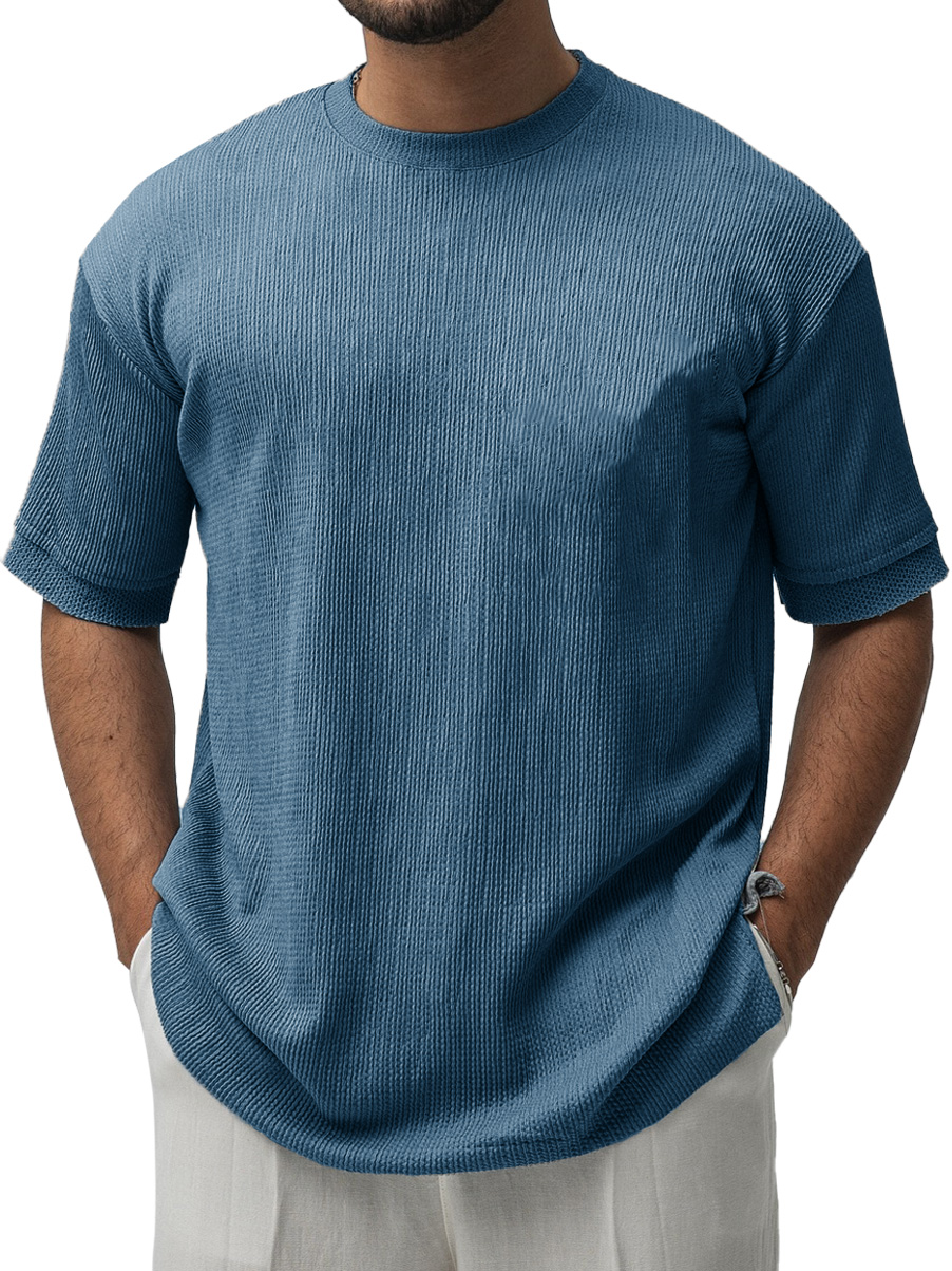 Men's Fashion Casual Ribbed Fabric Short-sleeved Crew Neck T-shirt