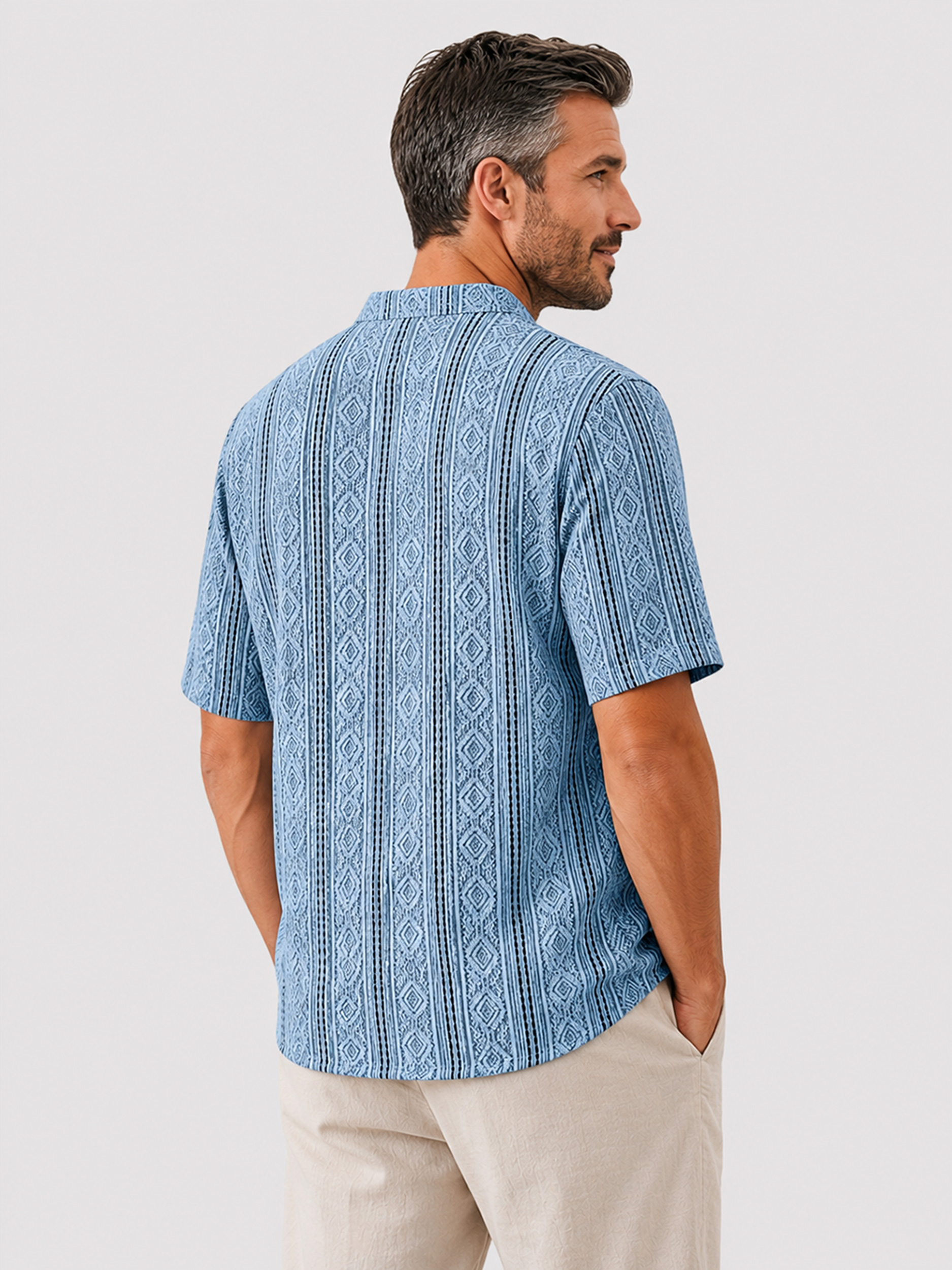 Men's Short-Sleeve Casual Shirt with Stand Collar and Textured Jacquard Finish