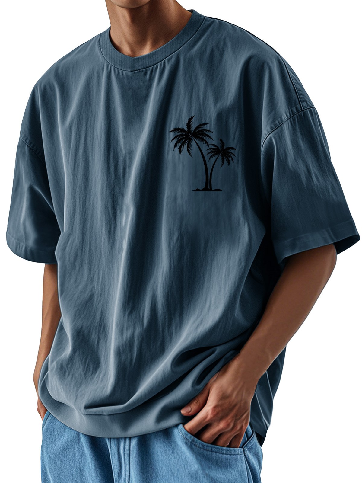 Men's Fashion Casual Loose Pocket Coconut Print Short Sleeve T-Shirt