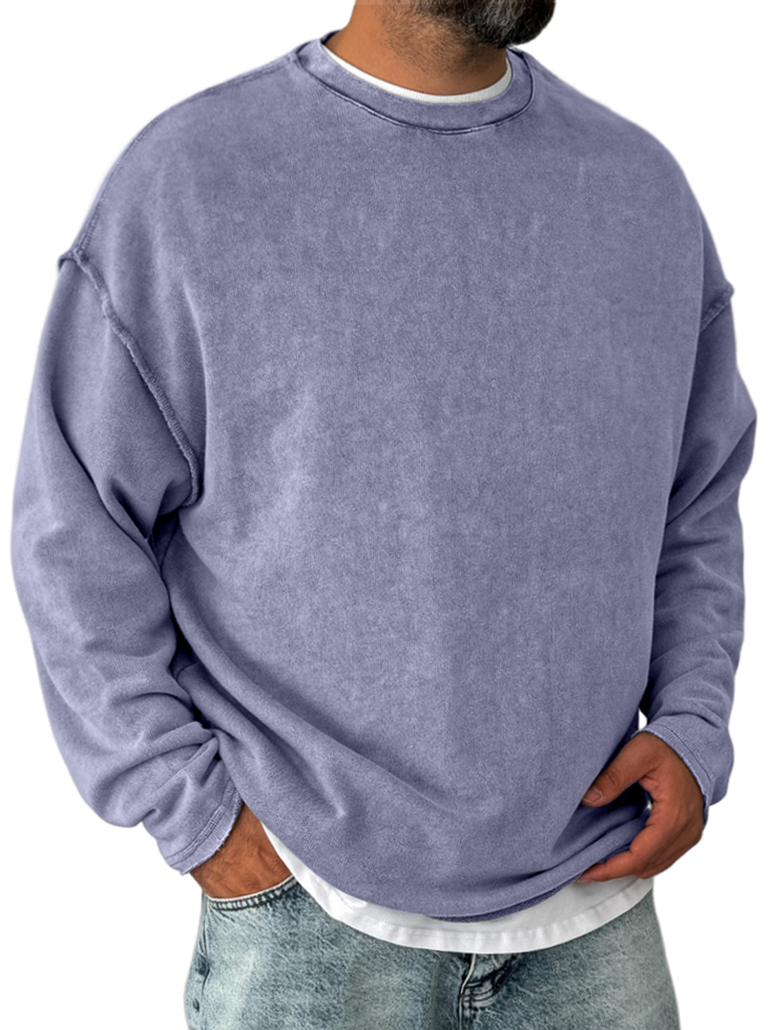 Men's Retro Round Neck Distressed Casual Comfortable Long Sleeve T-shirt