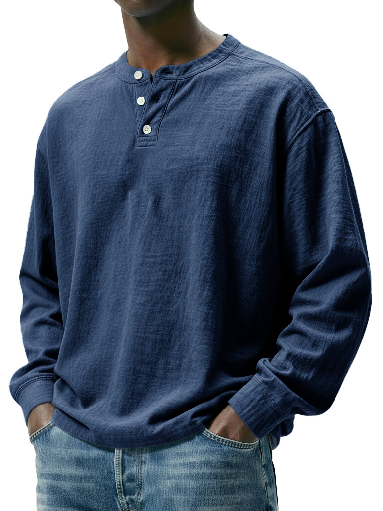 Men's Fashionable Casual Linen Fabric Long-sleeved Henley Shirt