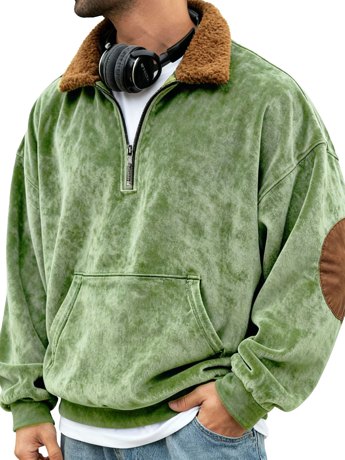 Men's Retro Patchwork Stand Collar Plush Pocket Stand Collar Zipper Sweatshirt