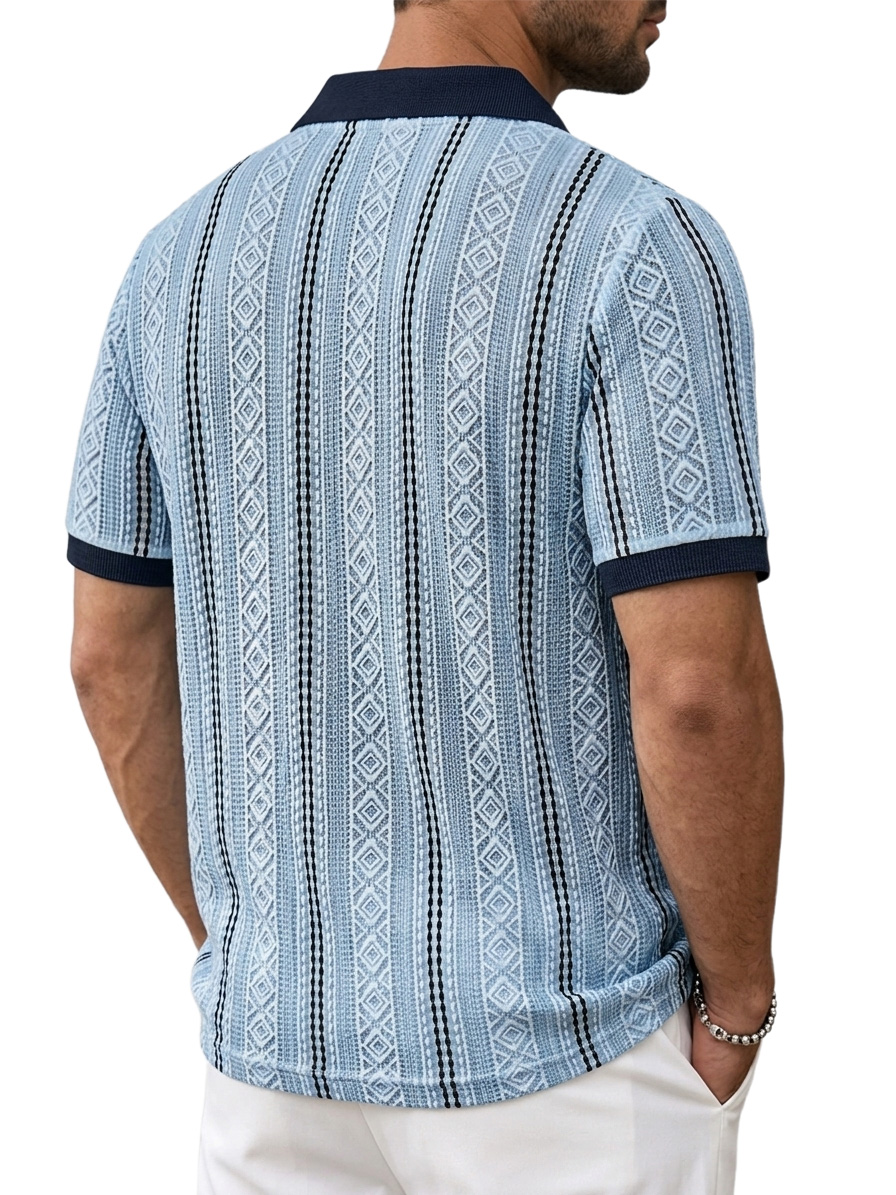 Men's Color-Blocked Seagull Collar Jacquard Textured Casual Short-Sleeve Polo Shirt