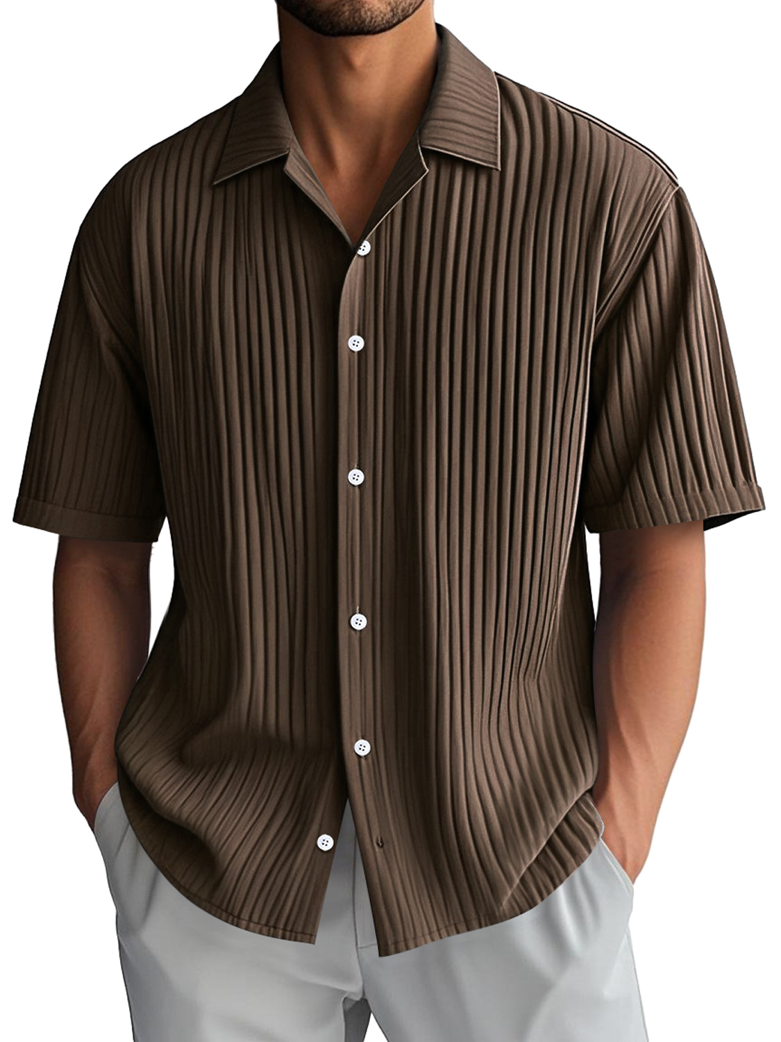 Men's Daily Casual Ribbed Lapel Comfortable Short-sleeved Shirt