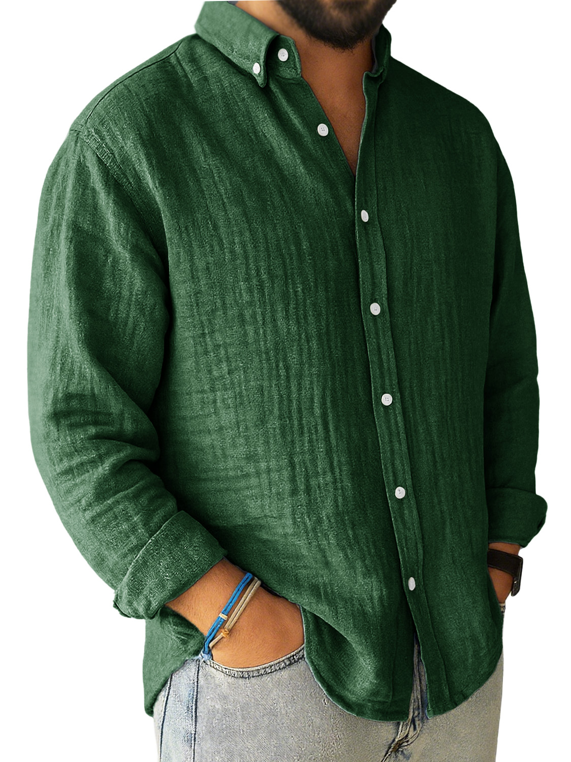 Men's Casual Pleated Loose-fitting Long-sleeved Lapel Shirt