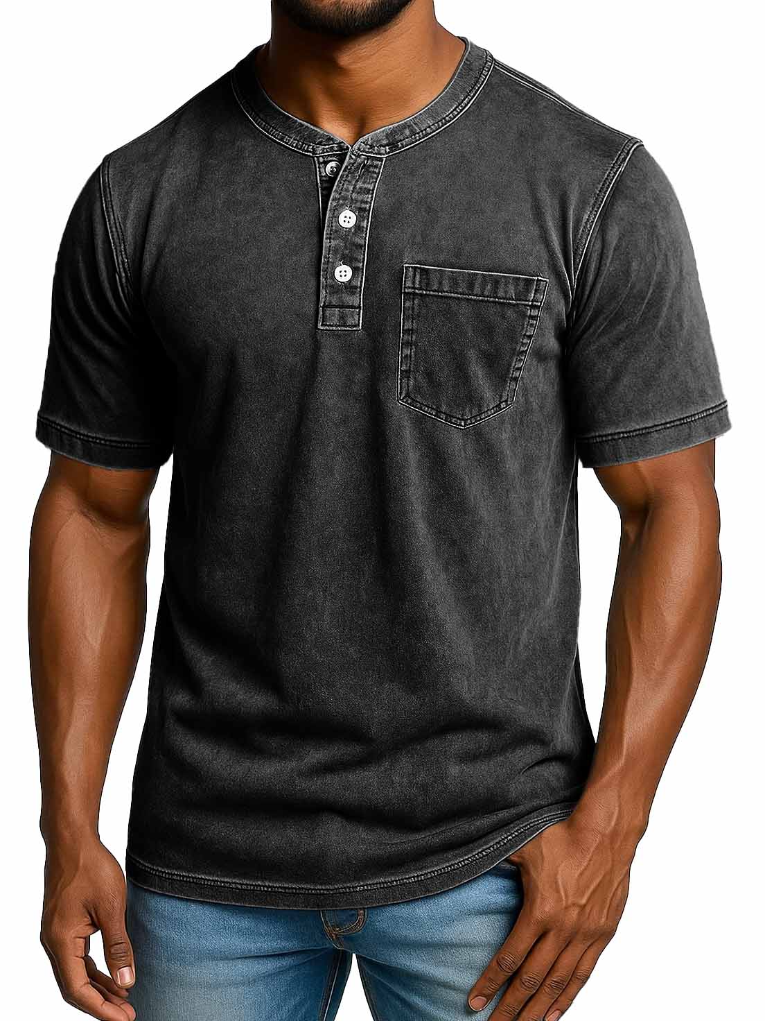 Men's Fashion Retro Distressed Short-sleeved Pocket Henley Shirt