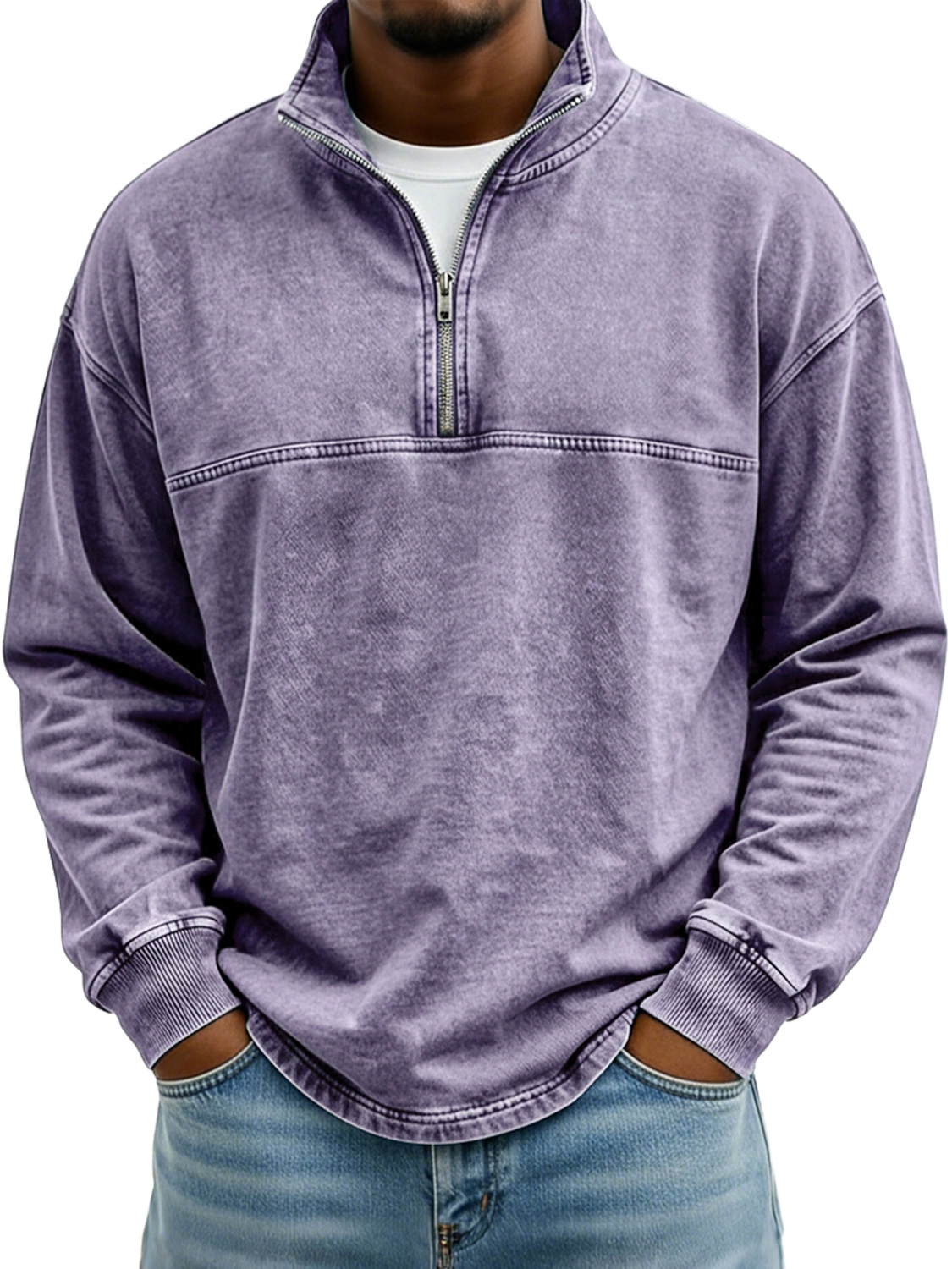 Men's Vintage Stand-collar Long-sleeved T-shirt With Zipper And Contrasting Stitching Design