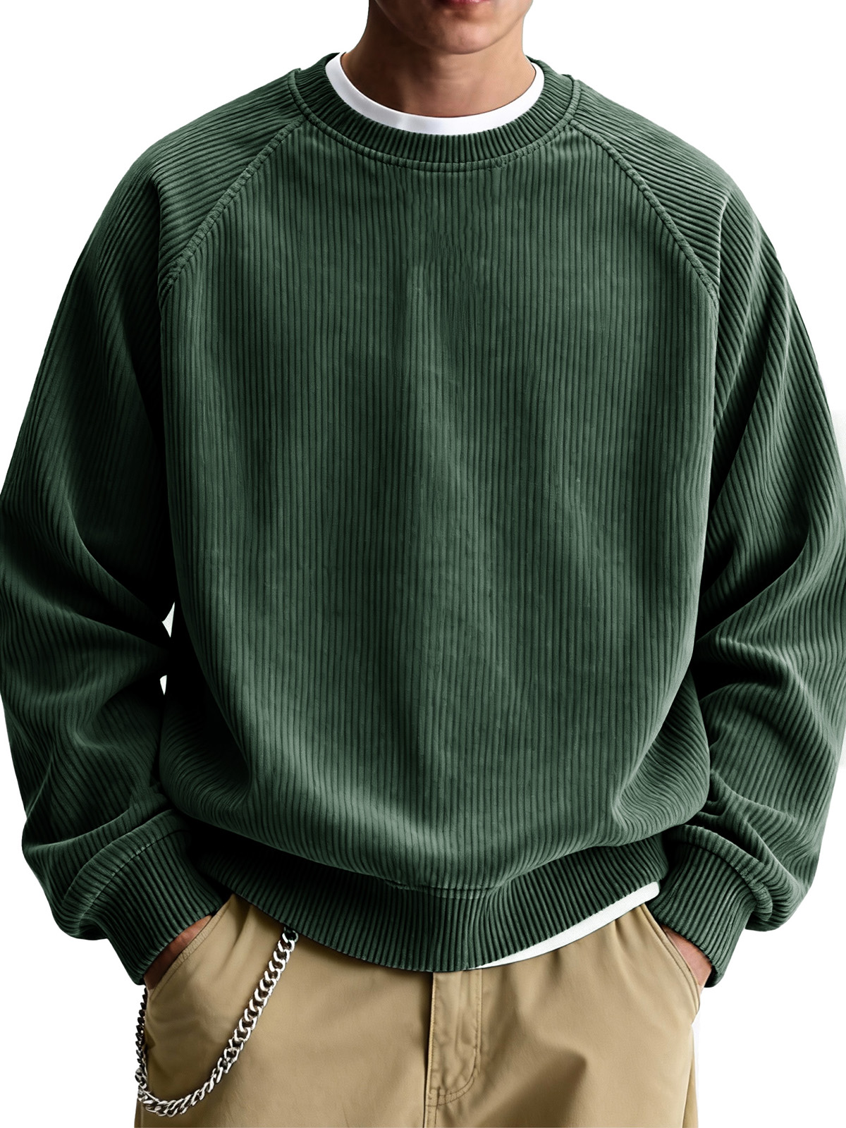 Men's Fashionable Casual Ribbed Fabric Raglan Neck Long-Sleeved Top