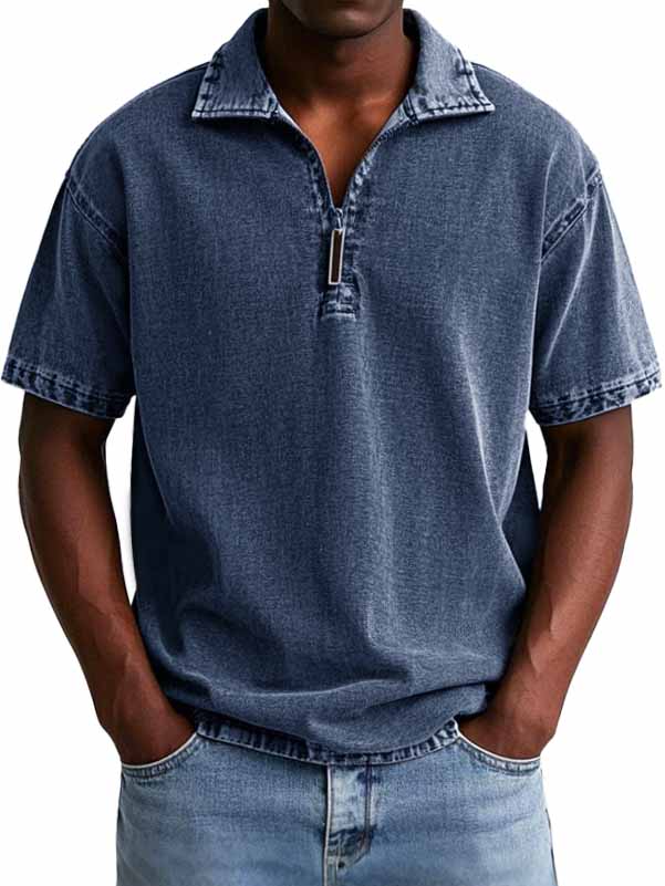 Men's Retro Distressed Zip Short Sleeve Polo Shirt