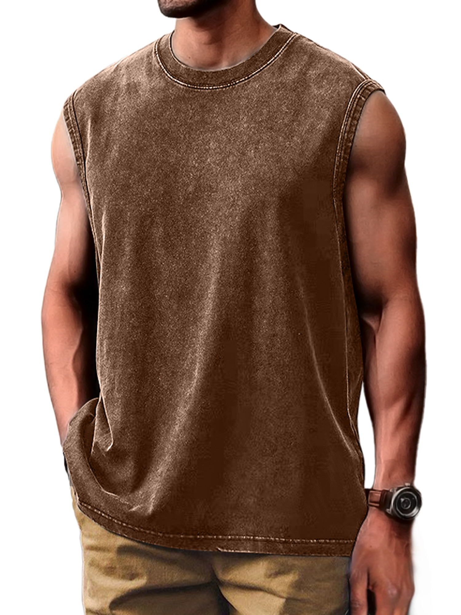 Men's Retro Distressed Fashion Round Neck Casual Solid Color Sleeveless Vest