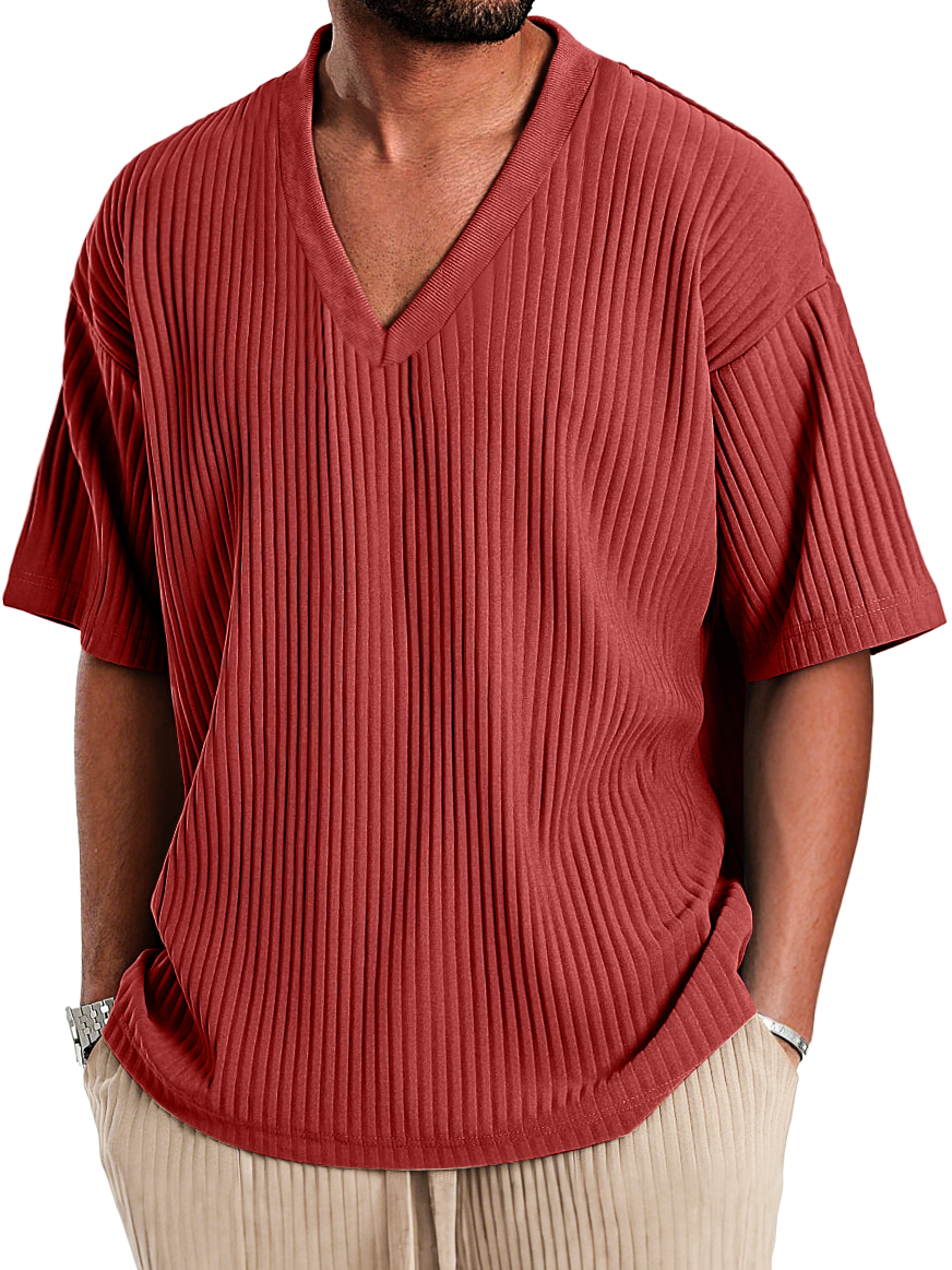 Men's Casual V-neck Ribbed Comfortable Short-sleeved T-shirt