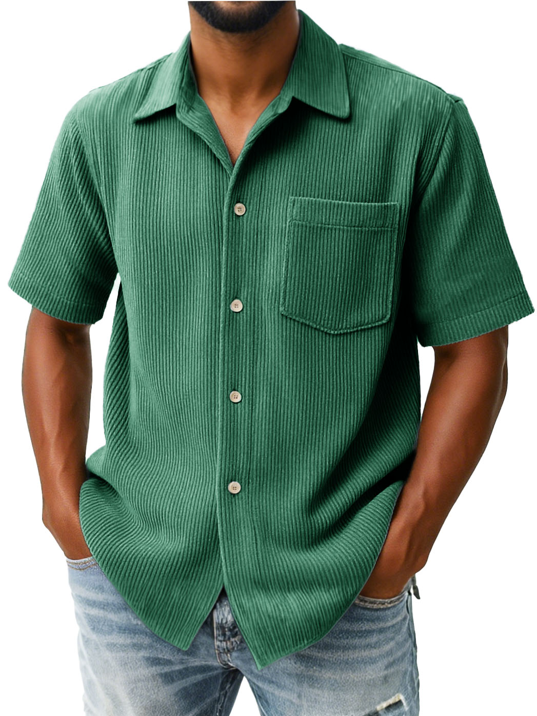 Men's Fashion Casual Ribbed Fabric Pocket Short-Sleeved Lapel Shirt