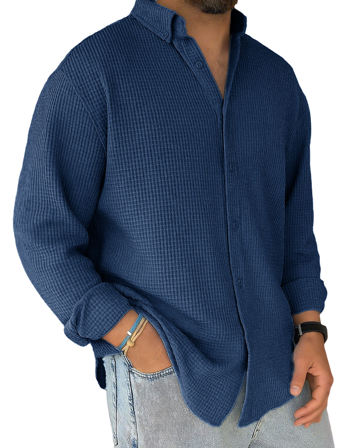 Men's Stylish Casual Everyday Waffle Long-sleeved Lapel Shirt