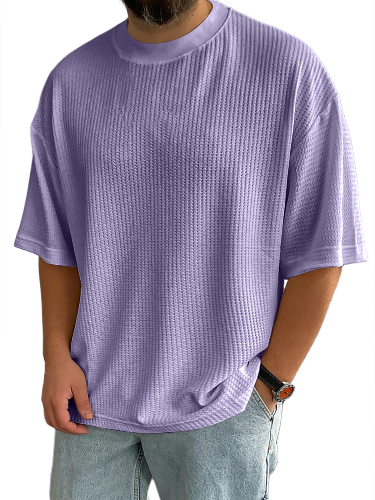 Men's Casual Textured Round Neck Solid Color Short-sleeved T-shirt
