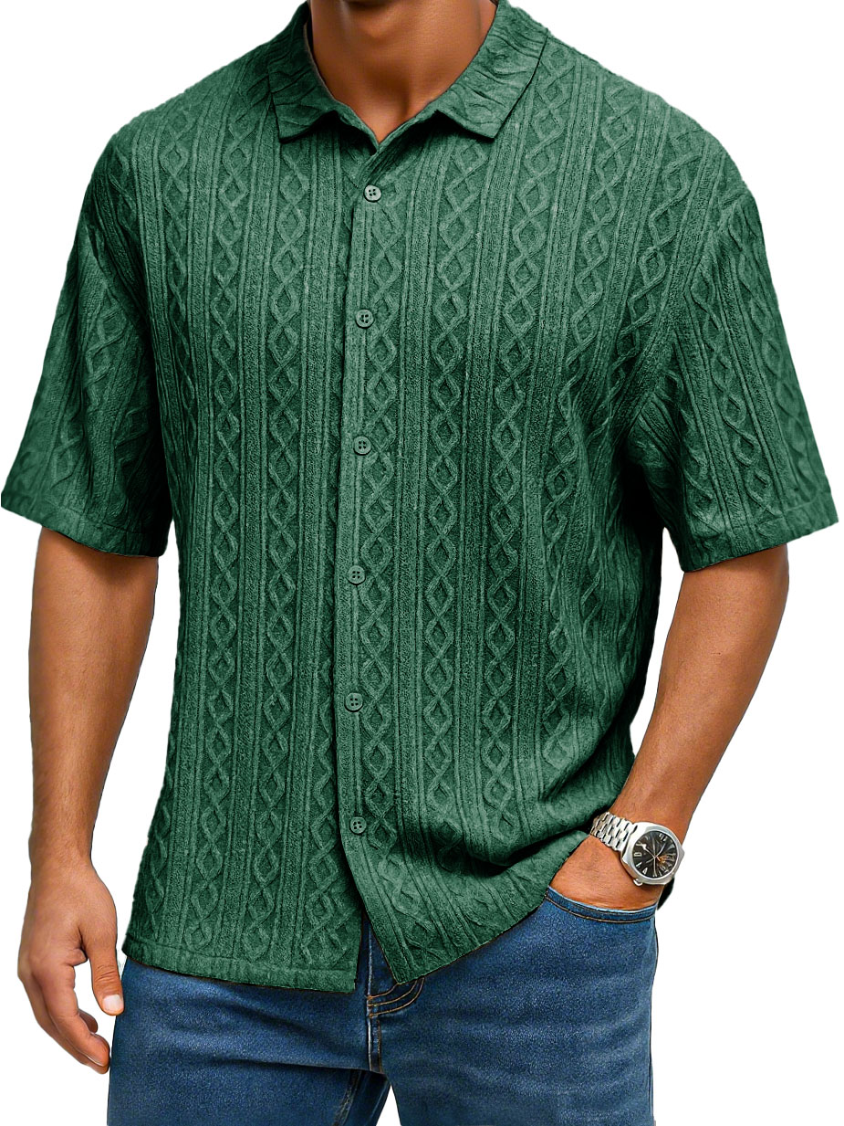 Men's Fashion Casual Jacquard Fabric Lapel Short-sleeved Shirt