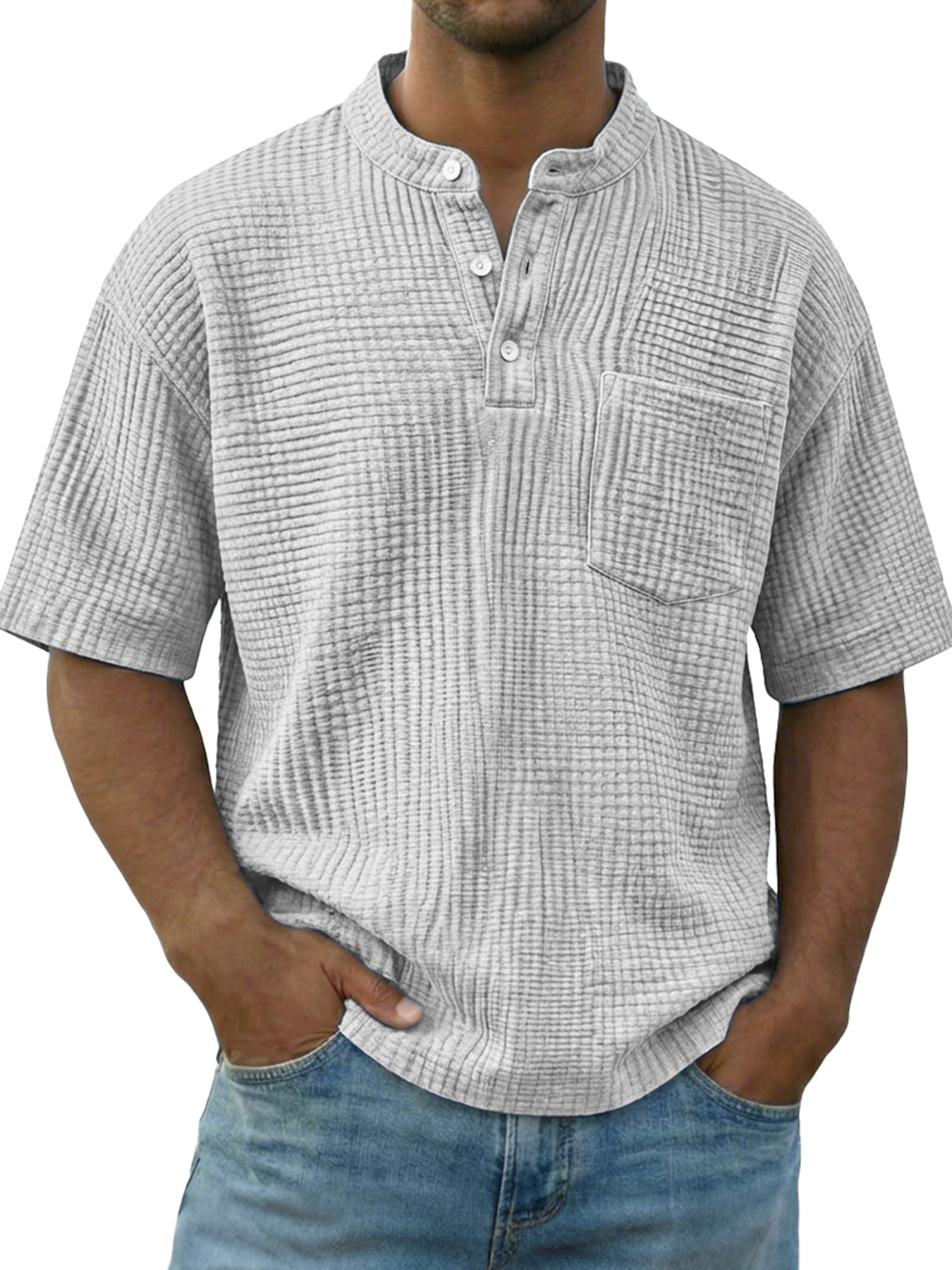 Men's Casual Wrinkled Comfortable Short-sleeved Henley Shirt With Pockets
