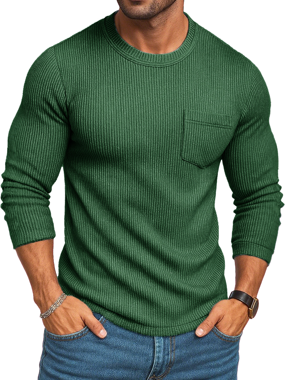 Men's Stylish Casual Retro Round-neck Ribbed Fabric Long-sleeved Pocket T-shirt