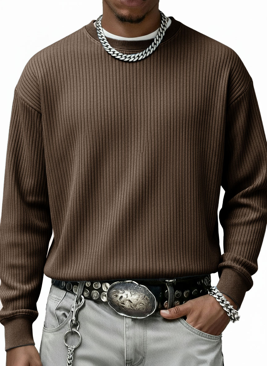 Men's Stylish Casual Vintage Crewneck Ribbed Fabric Long-sleeved Base T-shirt