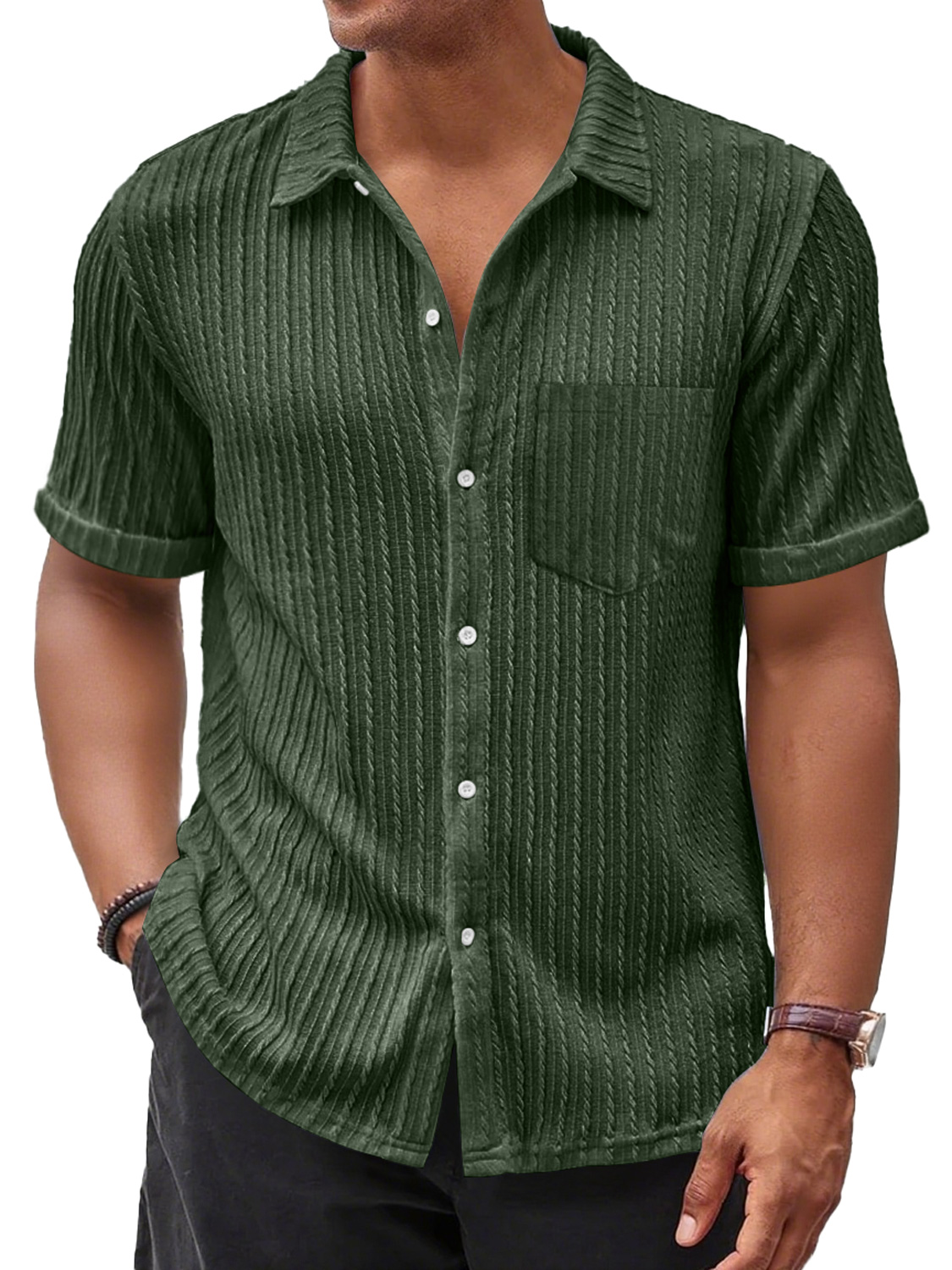 Men's Daily Casual Jacquard Texture Pocket Solid Color Comfortable Short-sleeved Shirt