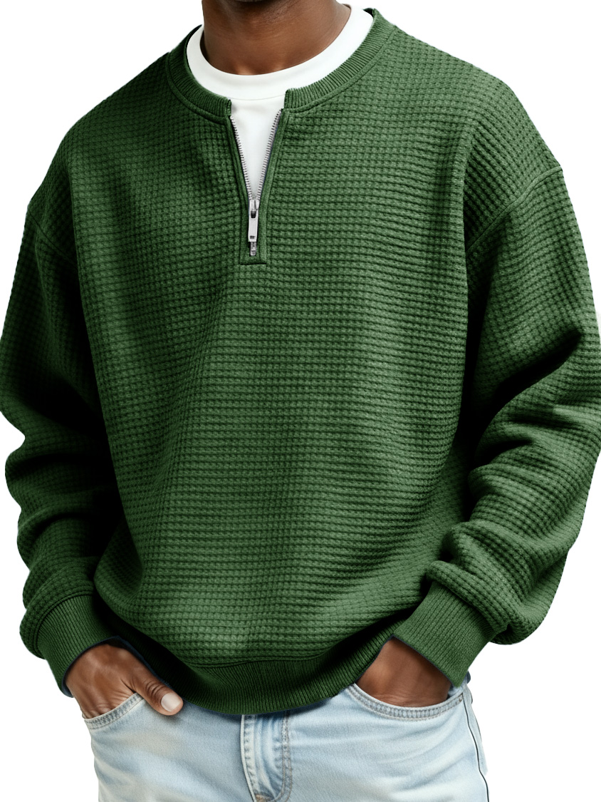Men's Casual Faux Two-Piece Waffle Fabric Zipper Long-Sleeve Top