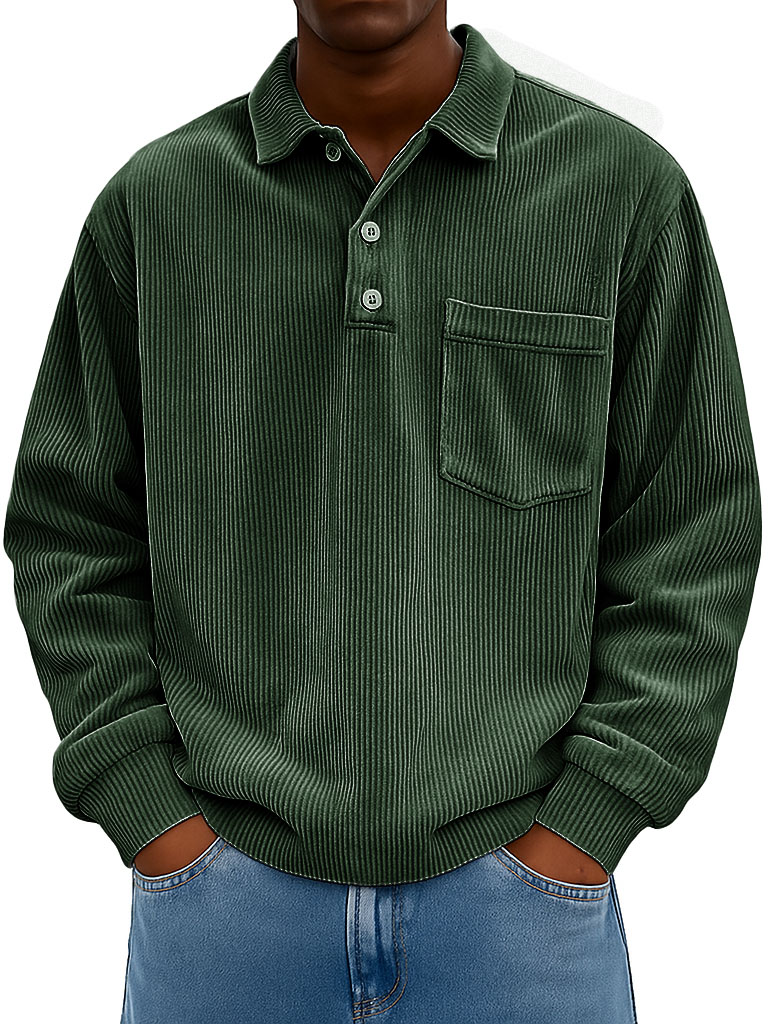 Men's Clothing Fashionable Casual Retro Lapel Corduroy Pit Strip Fabric Long-sleeved Pocket Polo Shirt